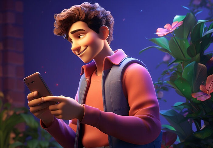 3D animated character using smartphone app on mobile device