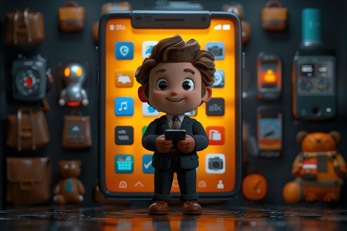 3D cartoon character with smartphone animation interface