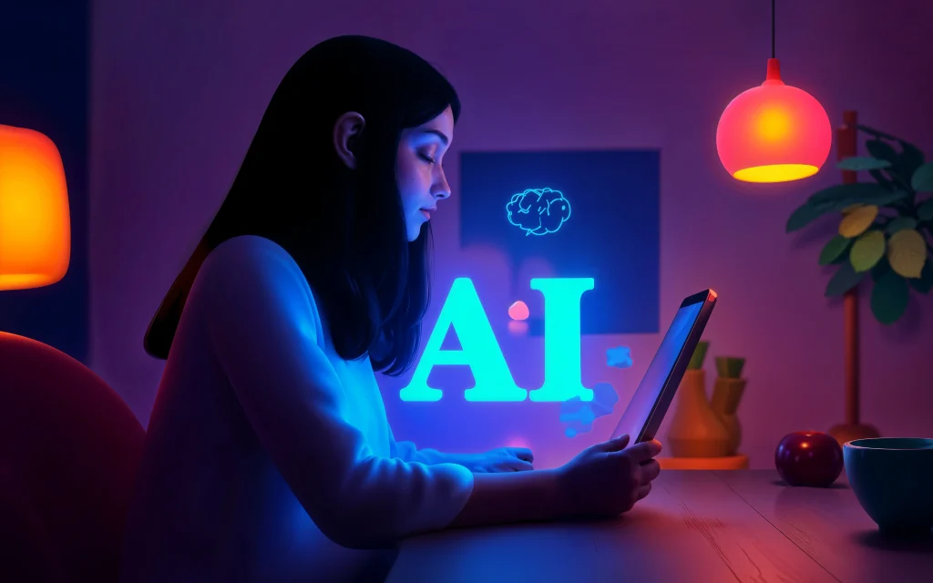 Woman using AI-powered device in modern workspace