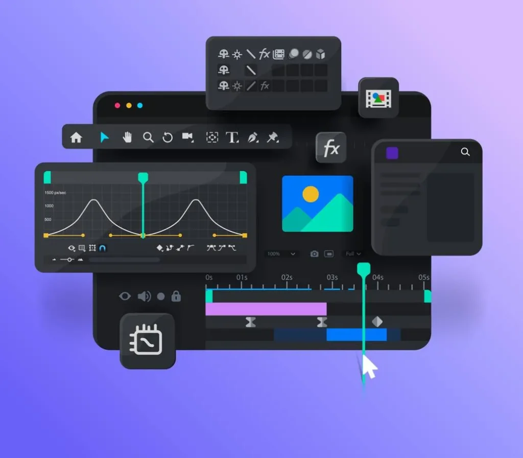 Creative video editing software interface with timeline tools