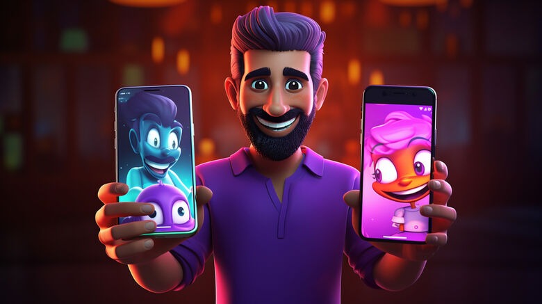 Mobile 3D animation character displayed on smartphone screens
