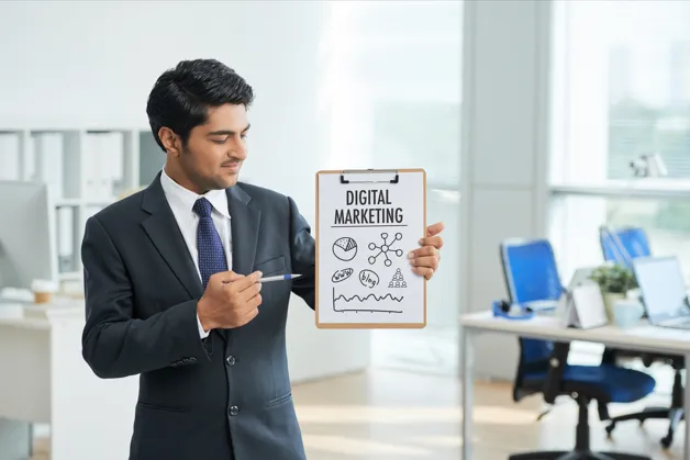 Professional explaining digital marketing strategy for businesses